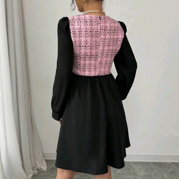 Elegant Square Neck Patchwork Shoulder Fitted Waist A-Line Short Dress For Women - Picture 2 of 5